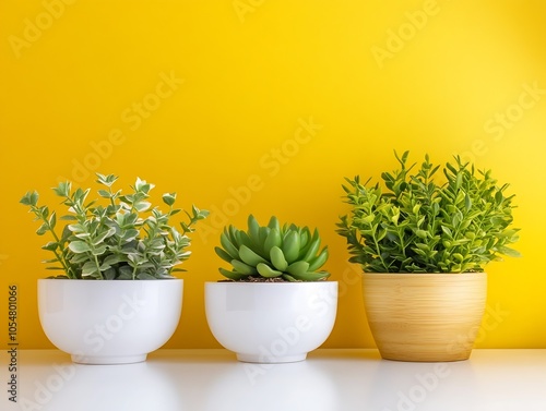 Minimalist Arrangement of Succulents in Simple Pots Against Yellow Background : Generative AI