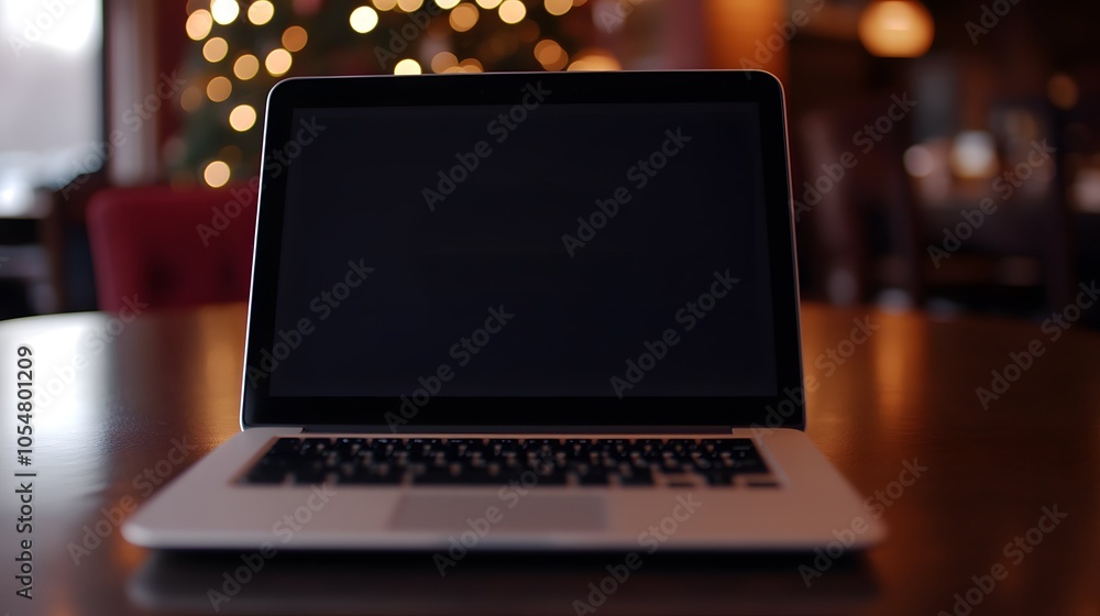 A sleek laptop sits on a table in a cozy setting, with a softly lit background of a festive tree and warm ambiance. A sleek laptop sits on a table in a cozy setting, with a softly lit background of a festive tree and warm ambiance.