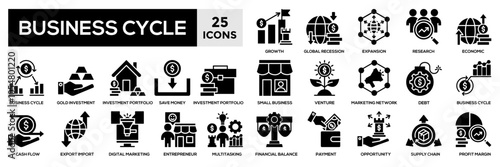 Business cycle icon collection set.Containing expansion,recession,financial,economic,investment,growth icon.Simple black fill vector illustration.