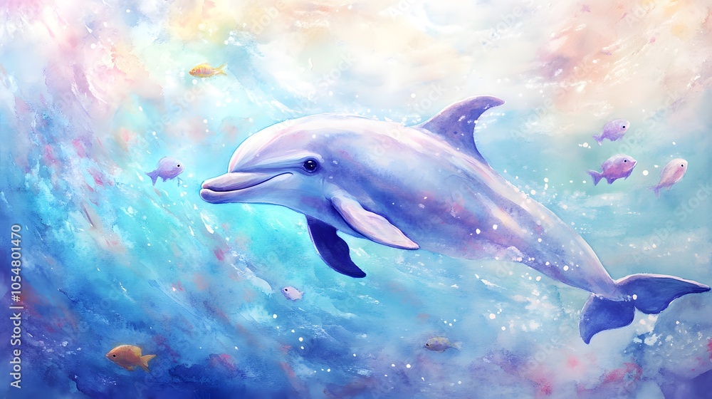 Obraz premium Soft pastel watercolor of a baby dolphin swimming with gentle fish in a dreamy sea