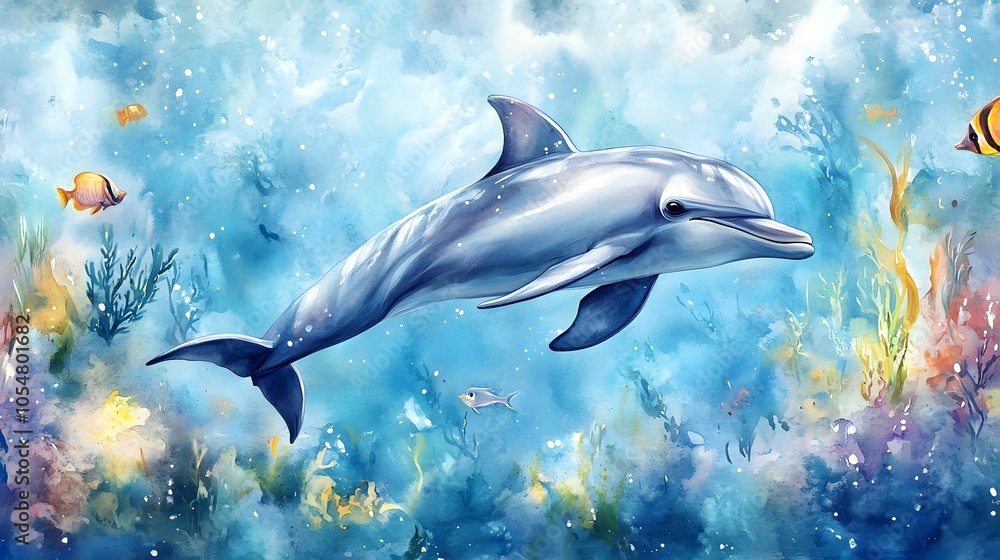 Obraz premium Soft pastel watercolor of a baby dolphin swimming with gentle fish in a dreamy sea