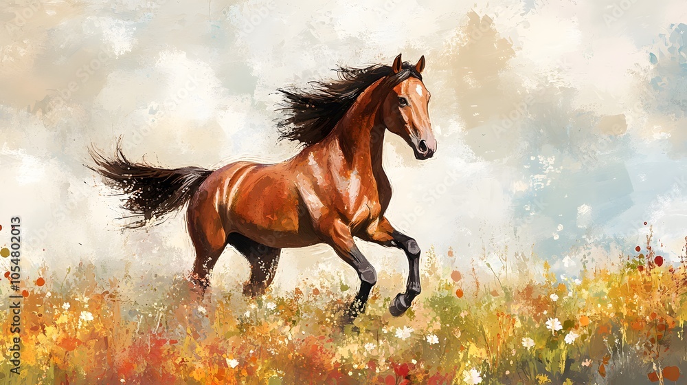 Obraz premium Watercolor of a pastel-colored horse galloping through a soft field of wildflowers