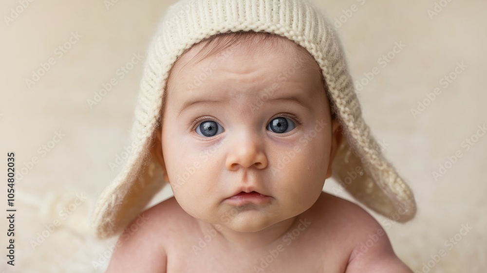 Curious Baby with Knitted Hat and Direct Gaze in Soft Light Curious Baby with Knitted Hat and Direct Gaze in Soft Light