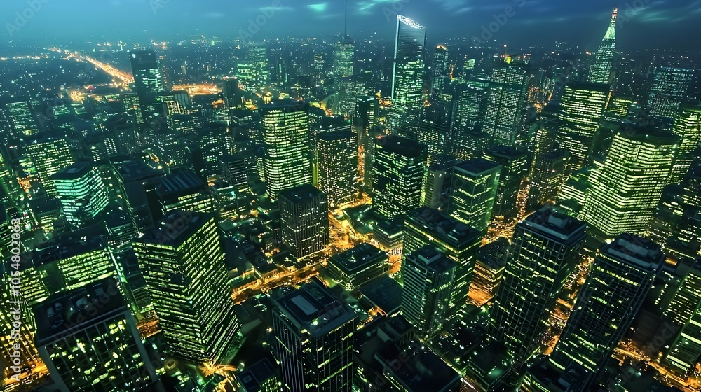 Obraz premium Night Cityscape with Illuminated Skyscrapers. Illustration background for presentation 