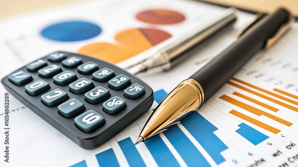Business Financial Analysis with Calculator and Graphs on Desk : Generative AI Business Financial Analysis with Calculator and Graphs on Desk : Generative AI