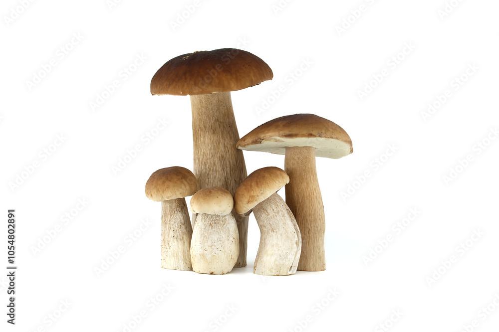 Fresh penny bun mushrooms on a white background presented in a group