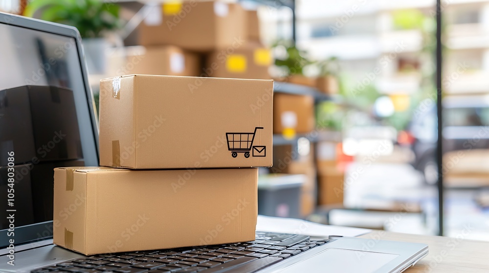 Ecommerce Concept With Parcel Boxes On Laptop Ready For Online Shipping : Generative AI Ecommerce Concept With Parcel Boxes On Laptop Ready For Online Shipping : Generative AI