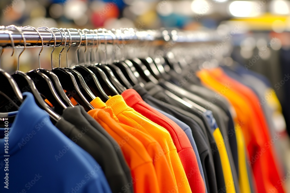 Vibrant Clothing on Hangers Displayed in Fashion Retail Store : Generative AI Vibrant Clothing on Hangers Displayed in Fashion Retail Store : Generative AI