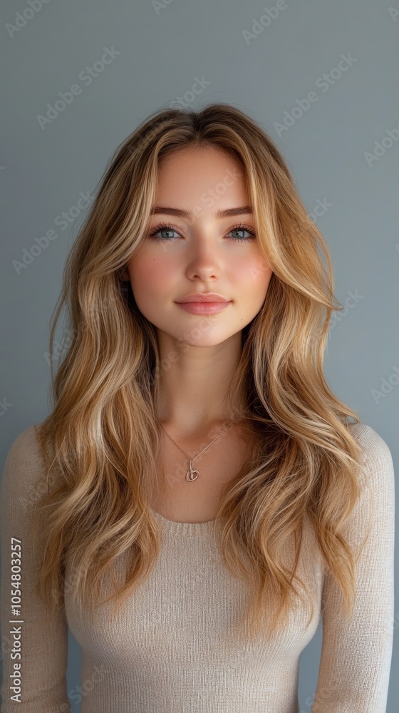 Girl with wavy long hair Portrait on grey studio background Girl with wavy long hair Portrait on grey studio background