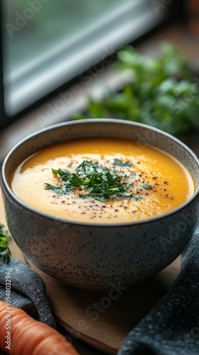 Creamy Pumpkin and Carrot Soup with Garnish on Wooden Table