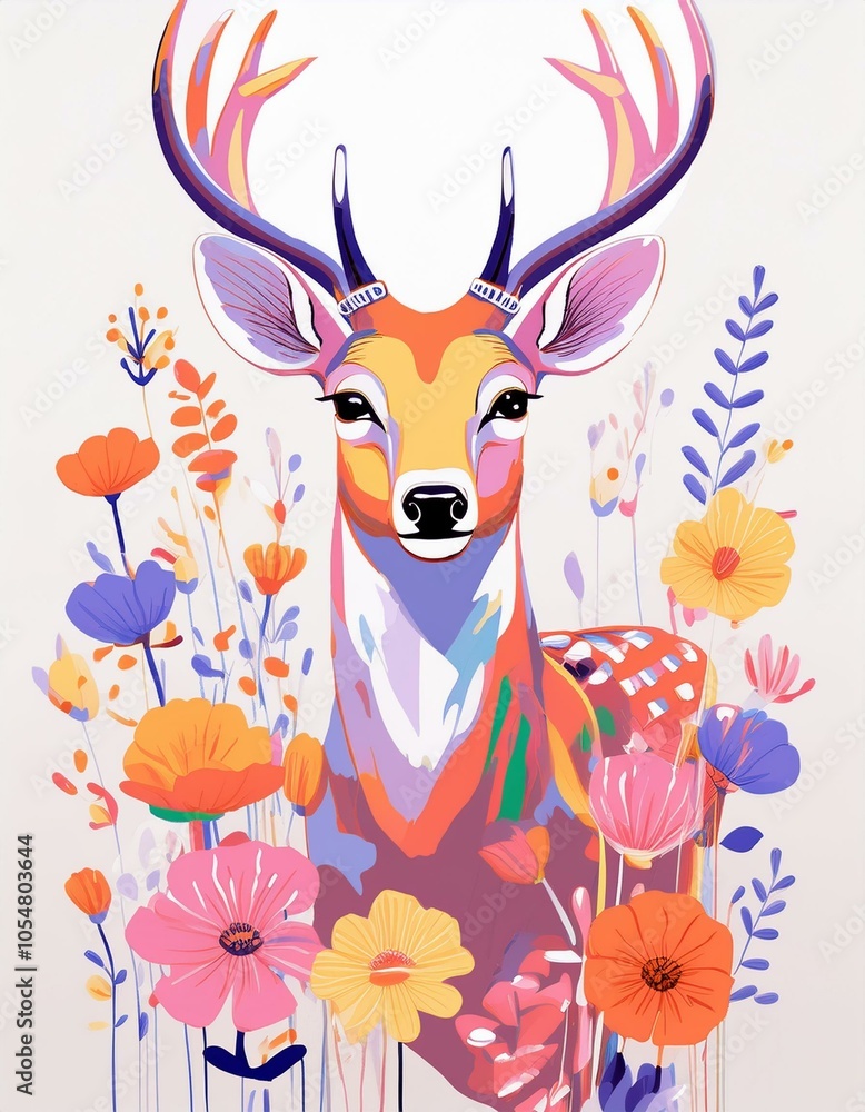 Colorful deer in a field of flowers Colorful deer in a field of flowers