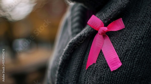 A cancer awareness ribbon pinned to a person's clothing