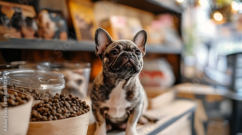 French Bulldog Sitting Among Pet Supplies and Art Books in Chic Modern Pet Boutique : Generative AI photo