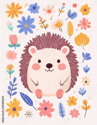 Cute hedgehog with flowers