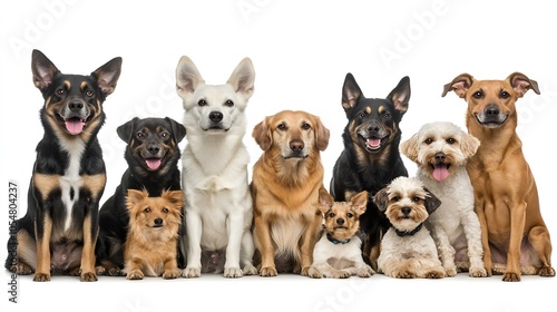 Group of eight diverse happy dogs posing on plain white background : Generative AI