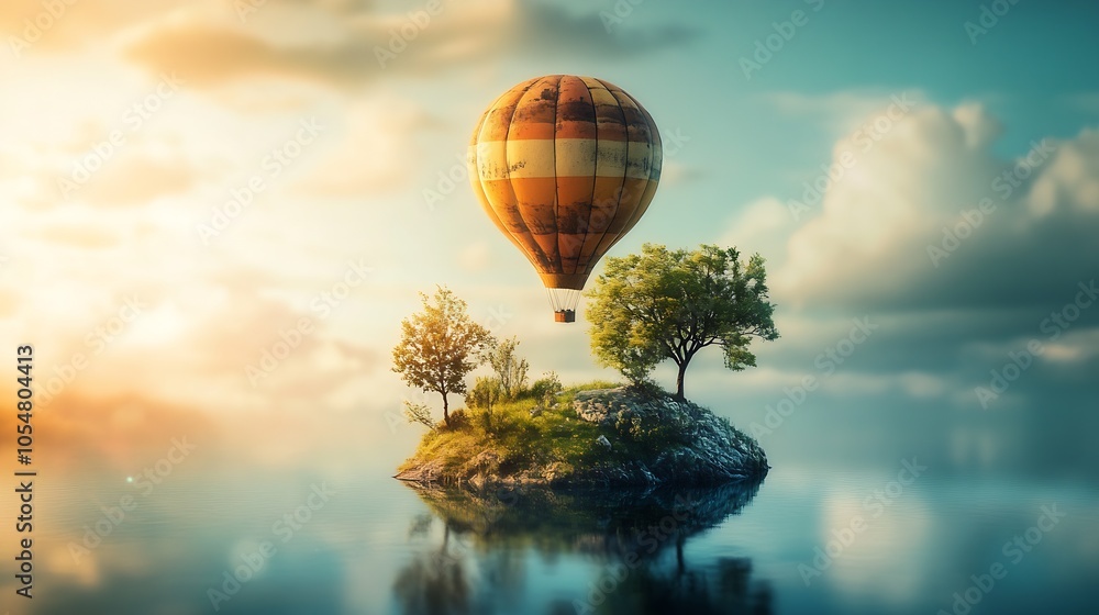 Fototapeta premium Hot Air Balloon Floating Over Island With Trees In Dreamlike Setting : Generative AI