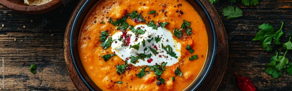 Creamy Pumpkin and Carrot Soup with Garnish on Wooden Table Creamy Pumpkin and Carrot Soup with Garnish on Wooden Table