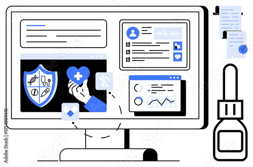 A monitor displays medical icons, graphs, and health records, emphasizing digital healthcare. Ideal for online health services, medical data tracking, telehealth solutions, electronic health records