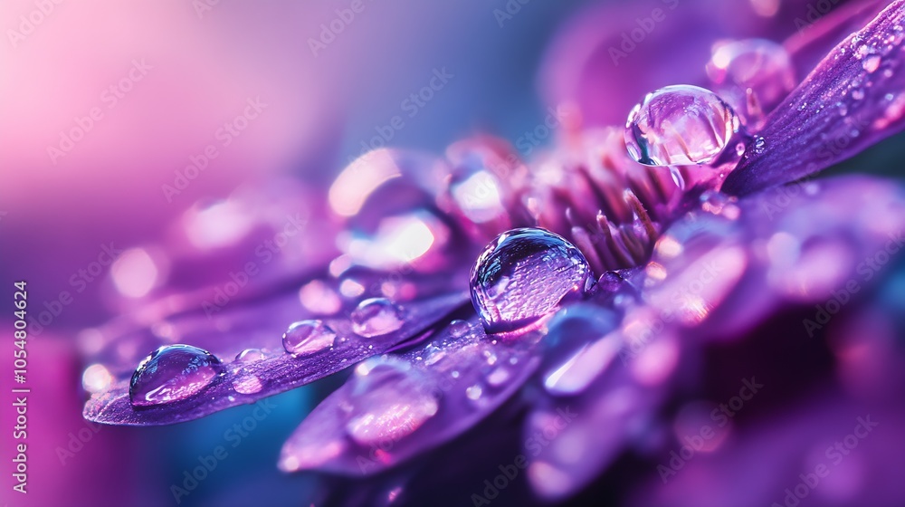 Closeup of Purple Flower with Dew Drops Glowing in Soft Pink and Blue Light : Generative AI Closeup of Purple Flower with Dew Drops Glowing in Soft Pink and Blue Light : Generative AI