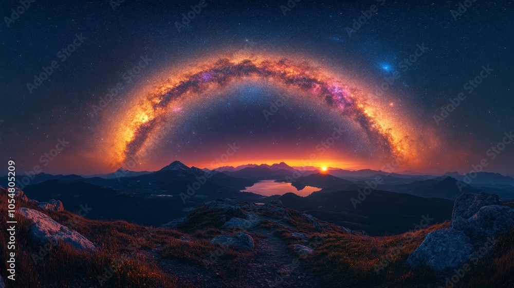Night landscape with colorful Milky Way and yellow light at mountains Night landscape with colorful Milky Way and yellow light at mountains