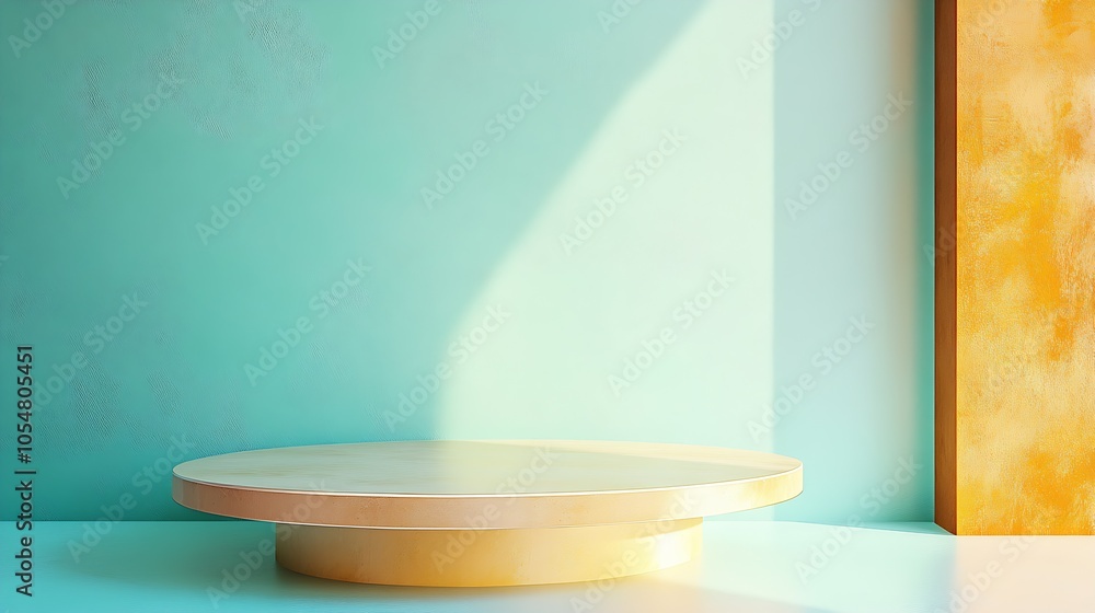 Modern Artistic Interior with Wooden Round Pedestal Bathed in Soft Light : Generative AI Modern Artistic Interior with Wooden Round Pedestal Bathed in Soft Light : Generative AI