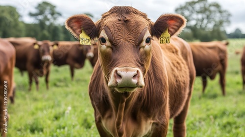 Curious Brown Cow Standing in Lush Green Pasture on a Sunny Day : Generative AI