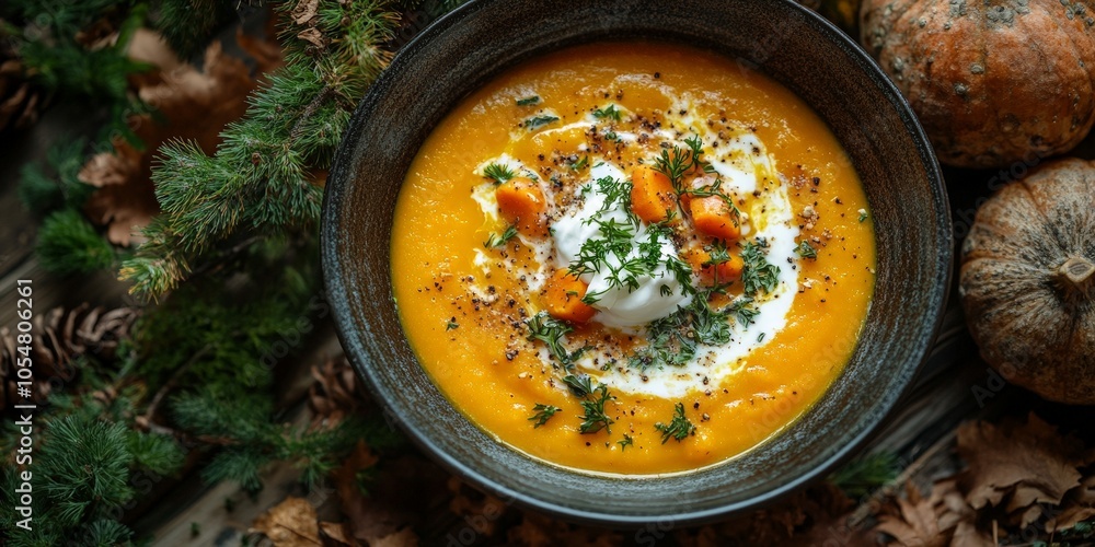 Creamy Pumpkin and Carrot Soup with Garnish on Wooden Table Creamy Pumpkin and Carrot Soup with Garnish on Wooden Table