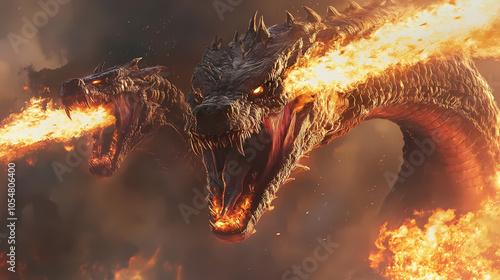 A hydra with multiple heads spitting fire. Hydra in Combat. Illustration photo