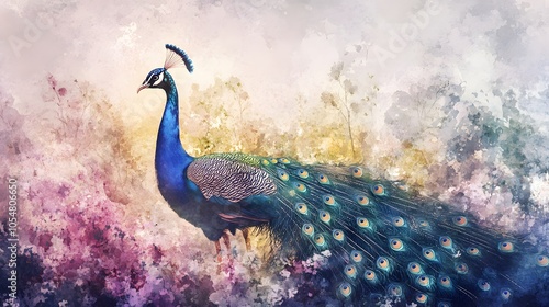 Soft watercolor of a pastel-colored peacock with its feathers softly spread in a dreamy garden