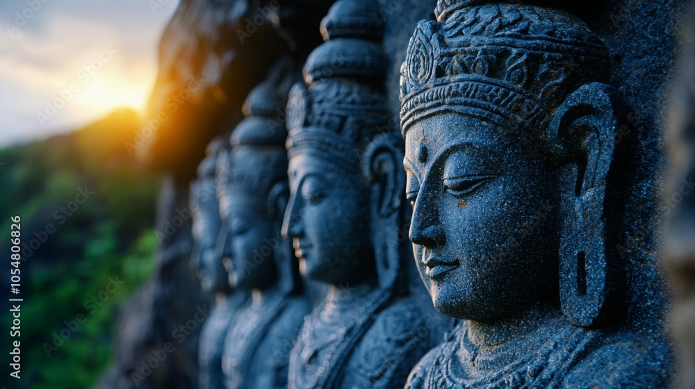 Intricate Stone Carvings of Celestia at Sunset