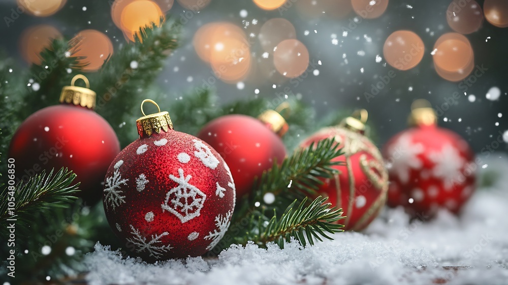 Festive winter arrangement with vibrant red Christmas ornaments nestled in lush green pine branches : Generative AI Festive winter arrangement with vibrant red Christmas ornaments nestled in lush green pine branches : Generative AI