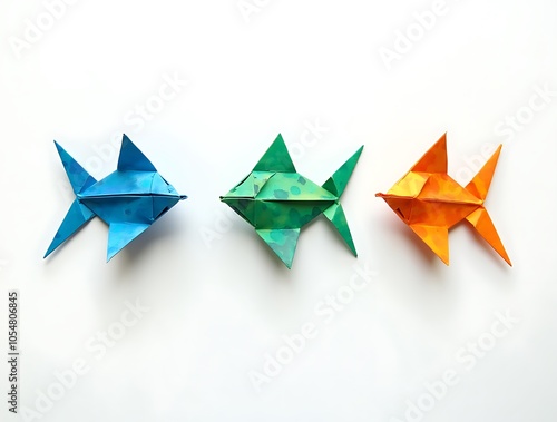 Origami Fish Trio in Colorful Patterns with Intricate Details photo