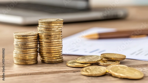 Stack of gold coins on office desk next to financial documents and a laptop : Generative AI