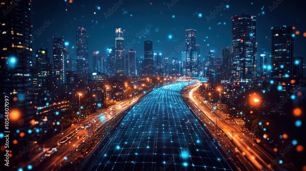 A futuristic cityscape with a glowing digital overlay. A futuristic cityscape with a glowing digital overlay.