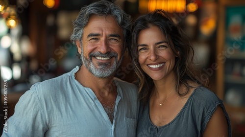 Small business owners couple. Two cheerful small business owners smiling and looking at camera while standing at entrance door