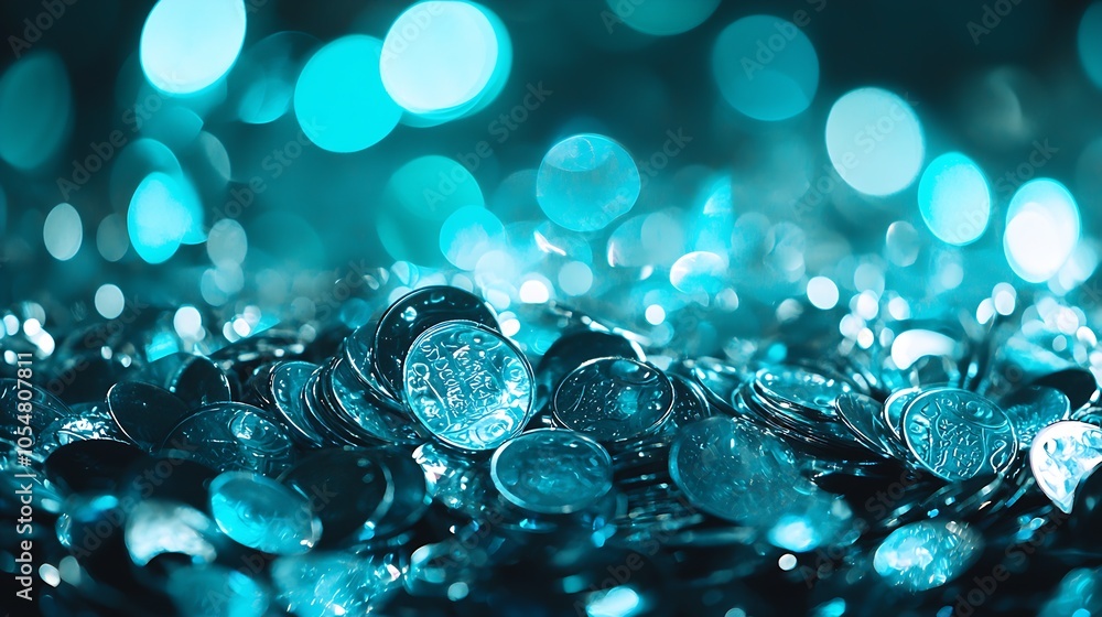 Glittering Blue Coins Creating a Magical and Dreamy Atmosphere : Generative AI Glittering Blue Coins Creating a Magical and Dreamy Atmosphere : Generative AI