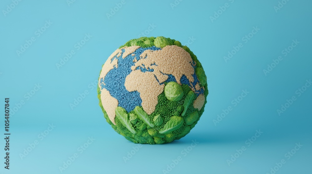 Colorful globe made from natural elements on a blue background., World Vegan Day Colorful globe made from natural elements on a blue background., World Vegan Day