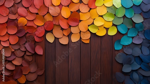 Artistic pattern of autumn leaves arranged by color gradient, against a rustic wooden background highresolution, textured photo