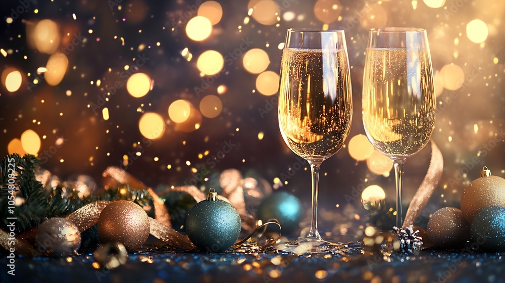 Elegant New Year Celebration with Sparkling Champagne and Festive Gold Decorations : Generative AI Elegant New Year Celebration with Sparkling Champagne and Festive Gold Decorations : Generative AI