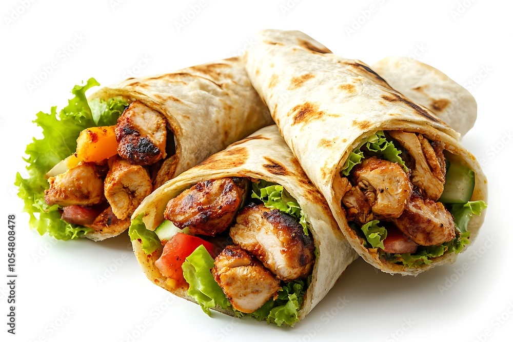 Three delicious chicken shawarma wraps filled with grilled chicken, fresh lettuce, tomatoes, cucumbers, and bell peppers, isolated on white Three delicious chicken shawarma wraps filled with grilled chicken, fresh lettuce, tomatoes, cucumbers, and bell peppers, isolated on white