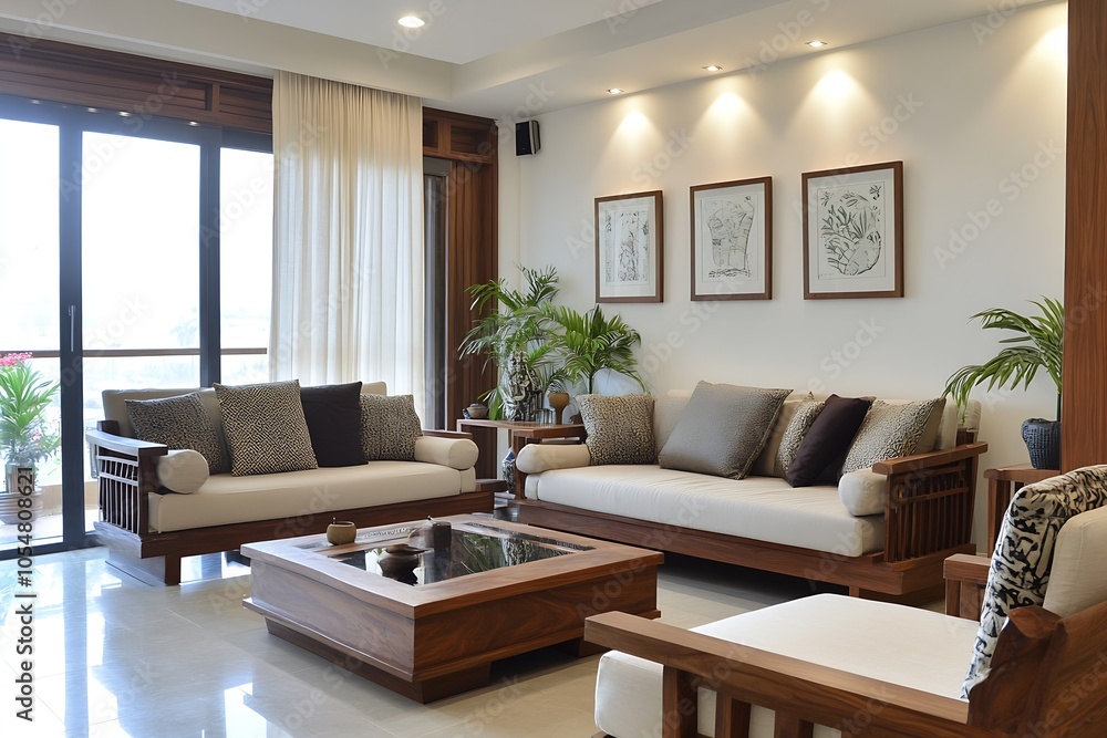 Fototapeta premium Modern Living Room with EarthToned Decor and Open Balcony for a Natural and Relaxing Vibe : Generative AI