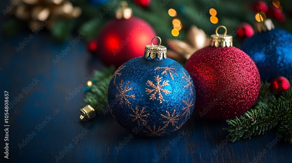 Blue and Red Christmas Ornaments on Green Pine Boughs with Festive Dark Blue Background : Generative AI Blue and Red Christmas Ornaments on Green Pine Boughs with Festive Dark Blue Background : Generative AI