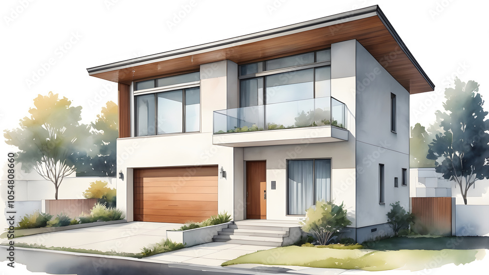 水彩画風の戸建て住宅の外観パース、イラスト 水彩画風の戸建て住宅の外観パース、イラスト