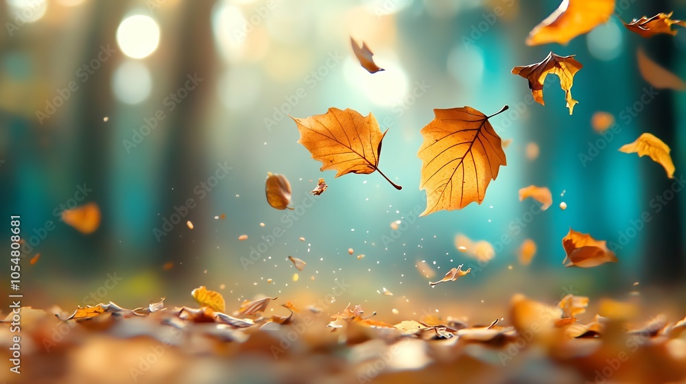 Rustling autumn leaves captured midfall against a forest backdrop, dynamic motion blur with crisp colors Rustling autumn leaves captured midfall against a forest backdrop, dynamic motion blur with crisp colors