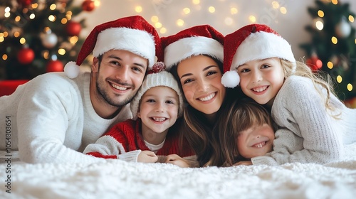 Happy Family Wearing Santa Hats Posing in Cozy Christmas Setting with Lights : Generative AI