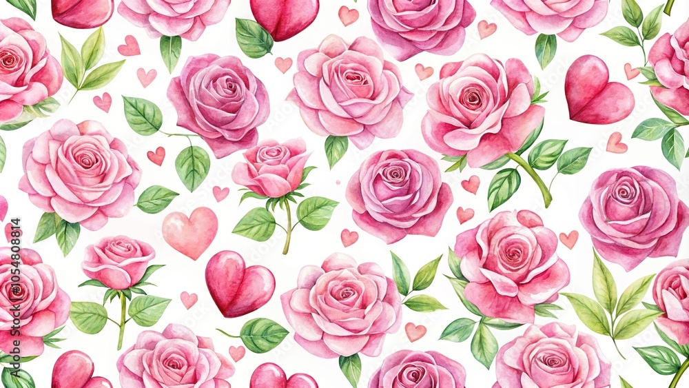 Watercolor seamless pattern of pink roses and hearts Watercolor seamless pattern of pink roses and hearts