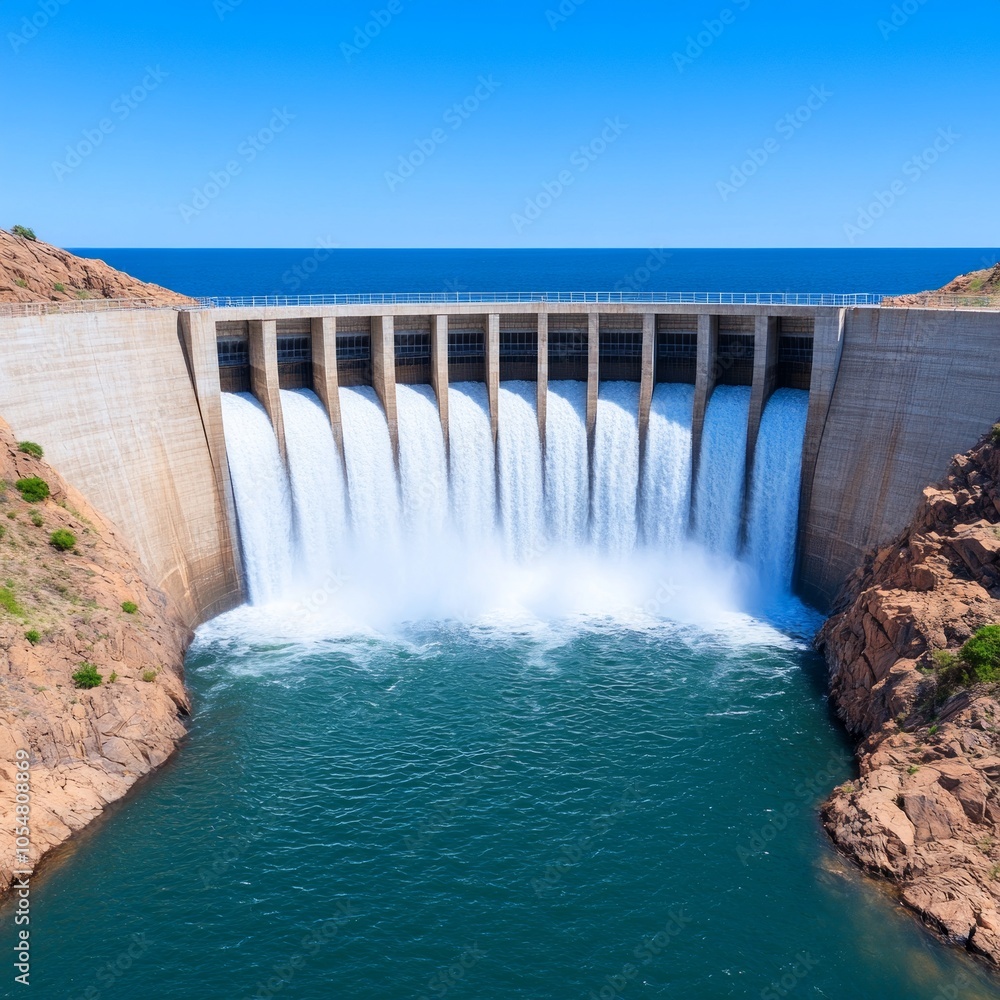 A dam with flowing water, showcasing engineering and nature's power. A dam with flowing water, showcasing engineering and nature's power.