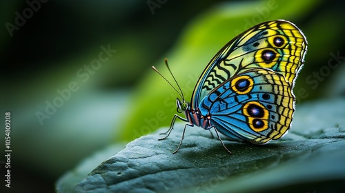 Striking Blue and Yellow Butterfly Resting on Leaf with Detailed Wing Patterns : Generative AI