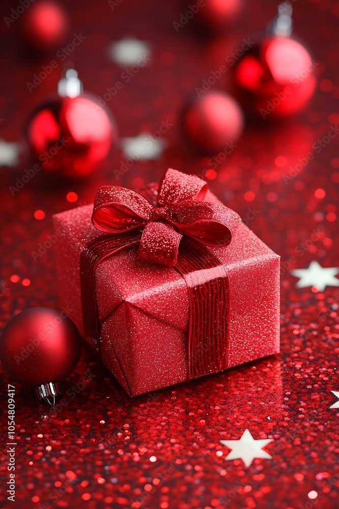 Festive Red Christmas Gift Box with Ribbon and Decorated Baubles on Glittering Background : Generative AI Festive Red Christmas Gift Box with Ribbon and Decorated Baubles on Glittering Background : Generative AI