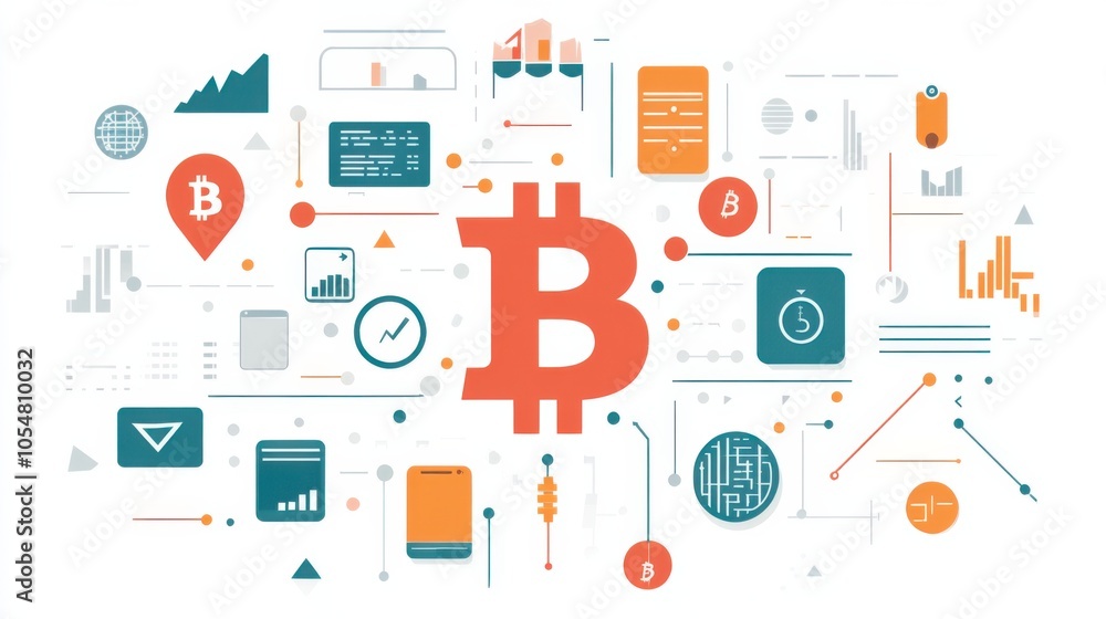 Bitcoin digital currency vector, showing a Bitcoin symbol surrounded by blockchain graphics, flat illustration Bitcoin digital currency vector, showing a Bitcoin symbol surrounded by blockchain graphics, flat illustration